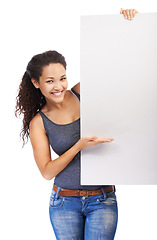 Image showing Empty, advertising and portrait of woman with poster for blank product placement and copy space signboard. Isolated black woman with poster mockup at white background for marketing.