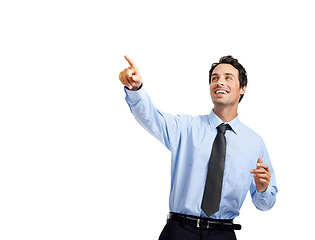 Image showing Excited businessman, hands or pointing on studio background on advertising space or marketing mock up for branding. Smile, happy or worker finger in opinion, vote or promotion deal gesture on mockup