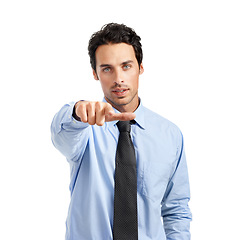 Image showing Businessman, pointing with hand in portrait, professional with consultant and management against white background. Man in business, marketing and corporate employee, executive with company mockup