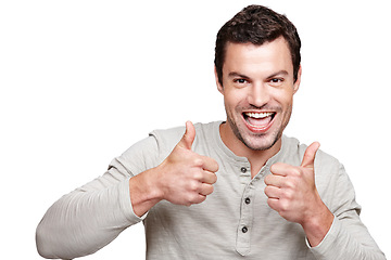 Image showing Portrait, thumbs up and winner with a man in studio isolated on a white background showing an emoji for motivation. Thank you, goal or target with a positive man giving a hand sign of support