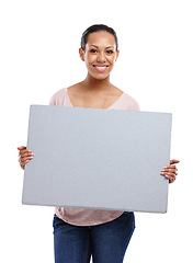 Image showing Woman, studio portrait and mockup poster with smile, marketing or happy by white background. Isolated black woman, mock up billboard and happiness for branding, blank paper board and advertising sign