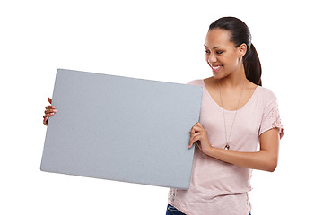 Image showing Studio, mockup and woman with banner on a white background for announcement, information and message. Marketing, advertising and happy girl isolated with gray poster for branding, logo and text print