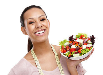 Image showing Lose weight, measuring tape and portrait of girl with salad for health, wellness and diet nutrition lifestyle. Smile of happy black woman with healthy food on isolated white background.