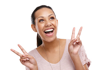 Image showing Peace sign, hands and face of woman on a white background for happy, relaxing and positive mindset. Beauty, emoji and carefree girl isolated in studio with hand gesture for calm, wellness and zen