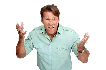 Image showing Portrait, angry and frustrated with a man in studio isolated on a white background feeling negative or upset. Stress, anger and unhappy with a male posing on blank space feeling mad or annoyed