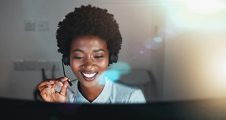 Image showing Call center, customer service and support with a business black woman using a headset for telemarketing or sales. Contact, crm and retail with a female consultant or employee working in her office