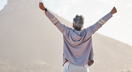 Image showing Winner, fitness and woman and hands in air for exercise, fitness or workout training goals, success and achievement in nature. Winning, freedom and healthy senior or runner rear on mountains mockup