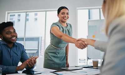 Image showing Business people, woman and handshake at meeting, planning and chart on board for target, success or goal. Corporate finance group, applause and celebration for profit, promotion or vision in New York