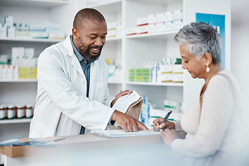 Image showing Pharmacy, black man and woman with healthcare medicine and conversation for instructions. Pharmacist, female patient and medical professional talking, stress and explain for customer and frustrated.