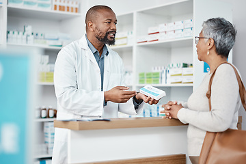 Image showing Healthcare, pharmacist and woman at counter with medicine or prescription drugs purchase at drug store. Health, wellness and medical insurance, black man and customer at pharmacy for advice and pills