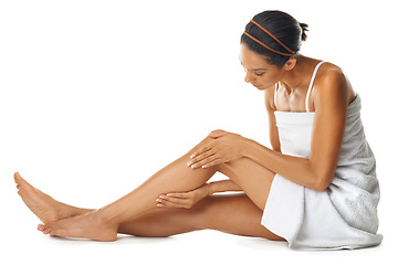 Image showing Skin care, legs and beauty woman in studio for self care, body wellness or cosmetics marketing mockup. Aesthetic, dermatology and sexy woman or skincare model with hair removal advertising on mock up