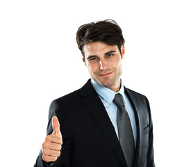 Image showing Business man, portrait and thumbs up to show success, support and yes hand sign. White background, isolated and happy employee with winner, thank you and motivation hands gesture ready for working