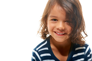 Image showing Child, portrait and smile of a boy child with isolated white background in studio with mockup. Happiness, face and youth of a young toddler happy with mock up space looking positive and cheerful