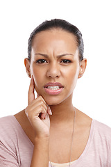 Image showing Thinking, confused and frustrated, portrait of black woman with stressed look on face isolated on white background. Doubt, choice and crisis decision, woman with stress trying to remember in studio.