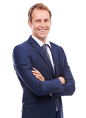 Image showing Portrait, mindset and mission with a business man in studio isolated on a white background standing arms crossed. Vision, future and growth with a male employee in a suit for corporate success
