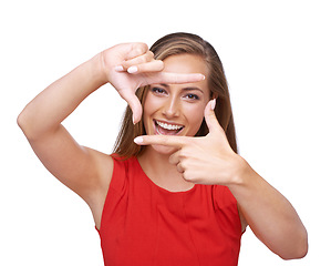 Image showing Creative, hand and frame portrait of woman with smile for inspiration, planning and photography. Happy, excited and natural model with creativity perspective on isolated white background.