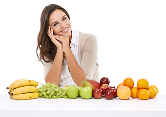 Image showing Woman, happy portrait and fruits in studio for nutrition, healthy diet and vitamins motivation in studio. Person, smile face and food nutritionist, natural fibre and organic food for body healthcare