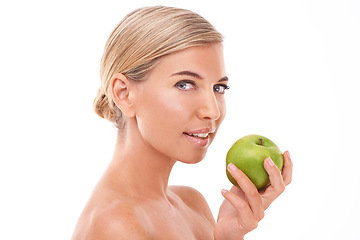 Image showing Apple, healthcare and face portrait of woman with fruit product to lose weight, diet or body detox for wellness lifestyle. Health model, nutritionist food and vegan girl on white background studio