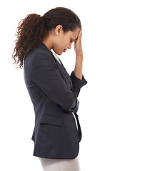 Image showing Stress, business woman headache and work stress of a manager with white background. Corporate worker, burnout and vertical mockup of a entrepreneur frustrated about tax audit anxiety fail isolated