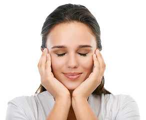 Image showing Face, beauty skincare and woman with eyes closed in studio isolated on a white background. Makeup, cosmetics and female model satisfied with spa facial treatment for healthy, glowing or flawless skin