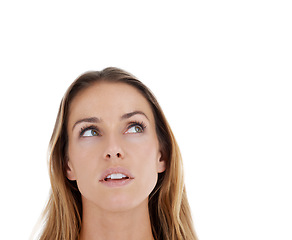 Image showing Idea, think and woman with planning ideas with mock up in studio space. Young female mature face thinking alone and isolated with white background and mockup curious and looking up wondering