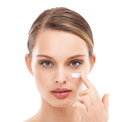 Image showing Woman portrait, face or skincare product by white background in dermatology wellness, self love and grooming. Zoom, beauty model and facial sunscreen product in hydration healthcare and collagen glow