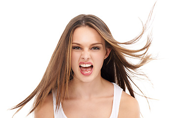 Image showing Mental health, hair and portrait of woman screaming in anger or frustration, rage on isolated on white background. Stress, anxiety and frustrated angry woman with burnout and raging scream in studio.