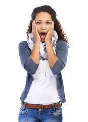 Image showing Woman shock with hands on face on a white background for news, announcement or broadcast of sale in studio. Omg, wow and surprise black woman with fashion discount, promotion or gossip in a portrait