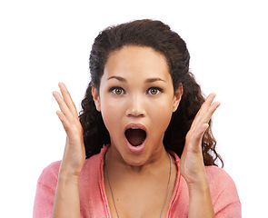 Image showing Portrait, wow and amazed with a black woman in studio on a white background in surprised shock. Face, hands and wtf with an attractive young female feeling overwhelmed with a shocked expression