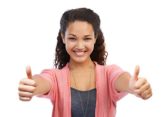 Image showing Face portrait, success thumbs up and woman in studio on a white background. Hands gesture, like emoji and happy female model with sign for motivation, support and approval, thank you and agreement.