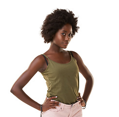 Image showing Fashion, beauty and portrait of black woman on a white background with confidence, elegant and attitude. Urban clothes, fashion model and Jamaican girl in studio with trendy, casual and summer style