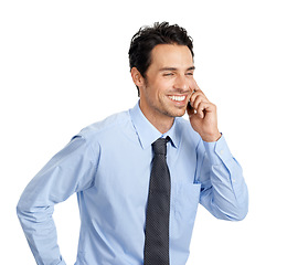 Image showing Phone call, happy businessman and white background for communication, stock market trading and sales consulting. Male model, lawyer and mobile conversation for corporate deal, network contact or talk