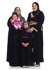 Image showing Family portrait, muslim women and children in hijab for Islam religion love, eid and arab culture in studio. Arab mother, grandmother and kids together for support isolated on a white background