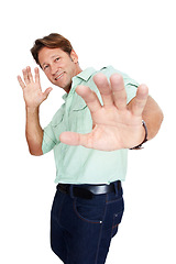 Image showing Business man, hands and stop hand gesture portrait of a worker with white background. Isolated, studio and vertical employee with a happy smile of a corporate businessman ready for working and job