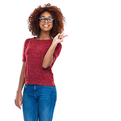 Image showing Happy woman, portrait or pointing at promotion, marketing advertising space or product placement mock up. Smile, happy or excited model with showing hand gesture for fashion sales on white background