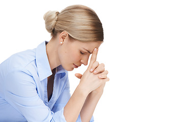 Image showing Corporate worker, hands and stress on isolated white background in mental health, anxiety or risk burnout. Thinking business woman, worried and employee in company investment or financial tax crisis