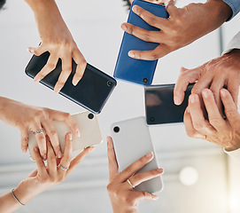 Image showing Business people diversity, hands or phone in circle for digital marketing schedule, brand advertising calendar or growth feedback app. Low angle men, women or creative designer on mobile technology