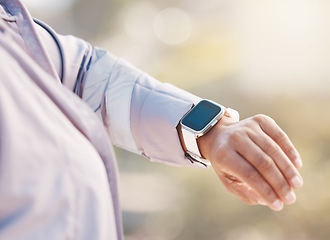 Image showing Smartwatch check, woman and hand with exercise, time or heart monitor with runner outdoor for exercise. Cardio, training and workout with progress, running with wellness and sport motivation