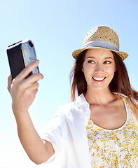 Image showing Photographer, happy woman or camera selfie in holiday location, summer vacation or Germany sightseeing break. Smile, vlogger or travel blogger and photography equipment for tourist destination review