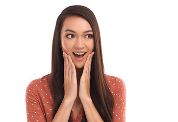 Image showing Wow face, woman and excited in studio, isolated white background and crazy announcement. Young model surprised for gossip, secret news and emoji for wtf notification, curious announcement and shocked