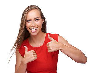 Image showing Thumbs up, success and portrait of a woman with a smile isolated on a white background. Thank you, motivation and model with an emoji hand for winning, achievement and yes on a studio background
