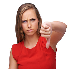 Image showing Woman, hand and thumbs down to disagree, failure or disapproval against a white studio background. Portrait of a isolated female pointing thumb down for incorrect, wrong or fail on white background