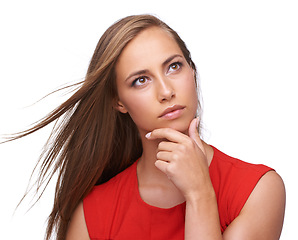 Image showing Thinking, ideas and thoughtful woman in studio for planning, wondering and daydreaming. Pensive, ponder and female model from Brazil brainstorming or contemplating while isolated by white background.