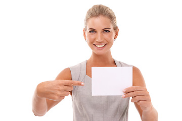 Image showing Business, mockup and portrait of woman pointing, smile and marketing manager isolated on white studio background. Female entrepreneur, boss and employee with brand development, advertising and poster