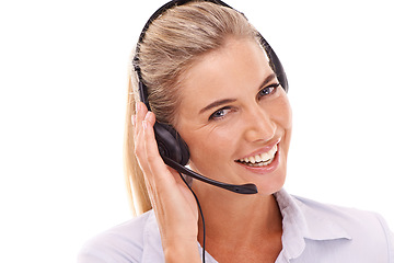 Image showing Happy call center, face portrait and woman consulting on contact us CRM, telemarketing or customer support. Telecom microphone, customer service communication and consultant talk on white background