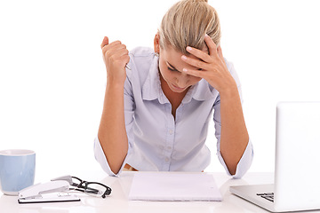 Image showing Burnout, headache and business woman stress over bad crypto investment, stock market crash or finance loss. Accounting documents, administration problem crisis and sad accountant on white background