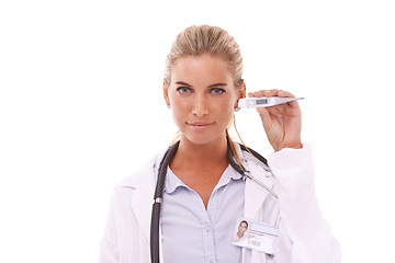 Image showing Portrait, healthcare and thermometer with a doctor woman in studio on a white background for consulting. Hospital, medical and fever with a female medicine professional working alone in a clinic