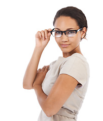 Image showing Portrait, vision and glasses with a black woman in studio on a white background for prescription lenses. Eyes, eyewear and optometry with a female posing in spectacles for an eye test at the optician