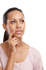 Image showing Woman, face and thinking with inspiration and focus in studio, mindset and motivation isolated on white background. Reflection, solution and female vision with woman thinking of ideas and mockup