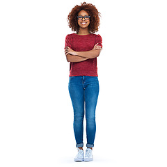 Image showing Black woman, happy and model portrait of a person with casual fashion, glasses and white background. Isolated, natural hair and african woman arms cross with happiness and smiling with mock up space